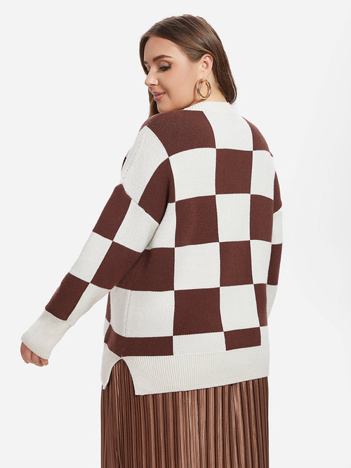 Checkered Pattern Drop Shoulder Split Hem Sweater