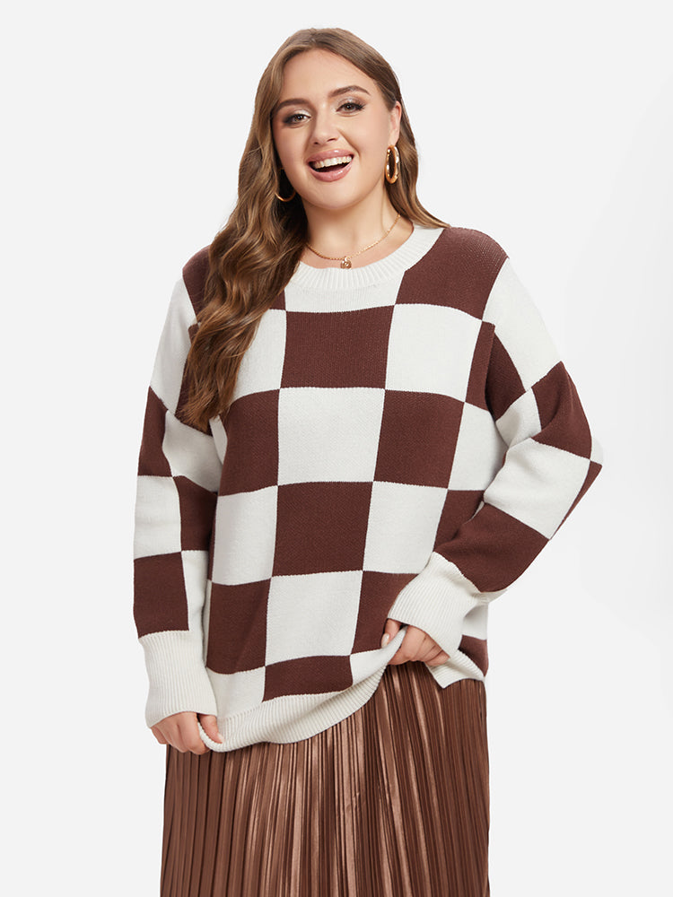 Checkered Pattern Drop Shoulder Split Hem Sweater