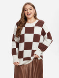 Checkered Pattern Drop Shoulder Split Hem Sweater