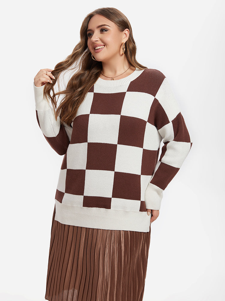 Checkered Pattern Drop Shoulder Split Hem Sweater