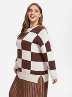 Checkered Pattern Drop Shoulder Split Hem Sweater