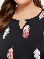 Plus Black Feather Print Cut Out Blouse