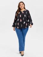 Plus Black Feather Print Cut Out Blouse