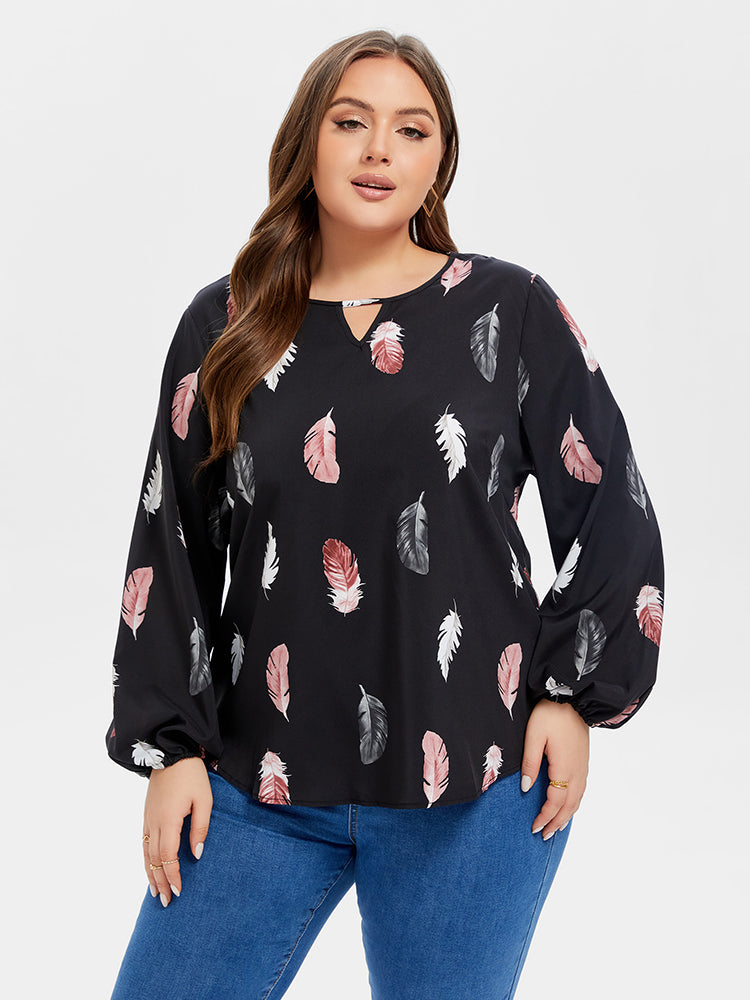 Plus Black Feather Print Cut Out Blouse