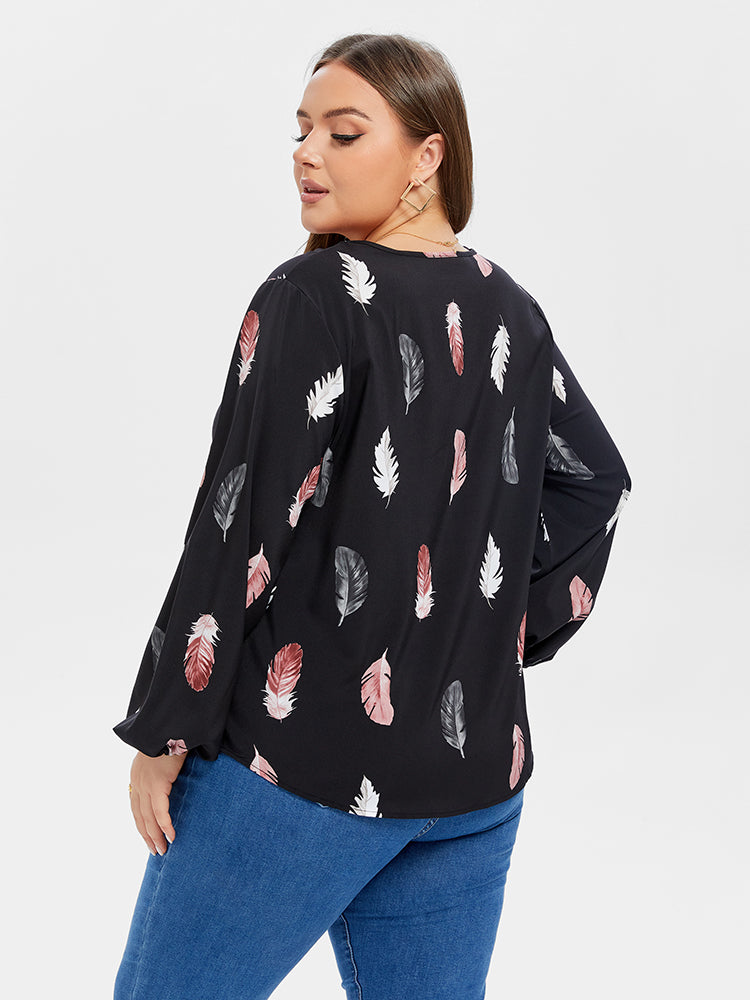 Plus Black Feather Print Cut Out Blouse