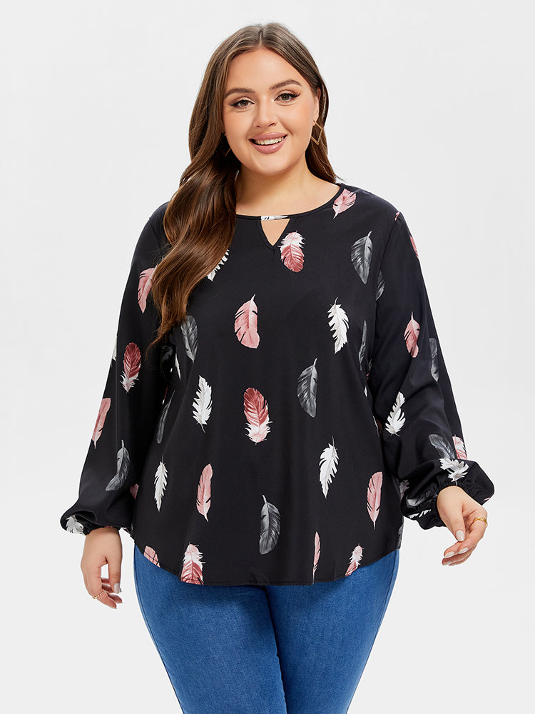 Plus Black Feather Print Cut Out Blouse