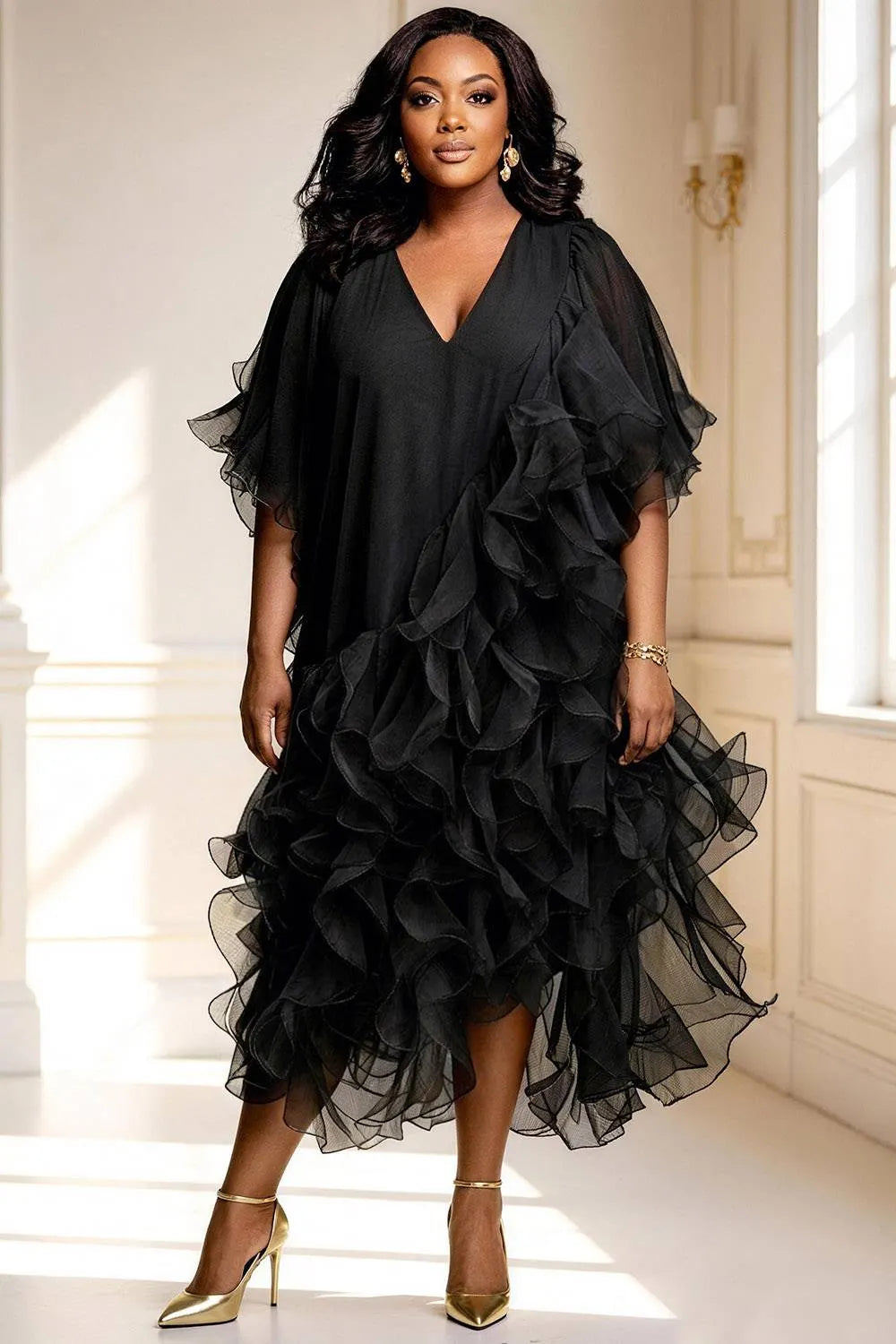 Xpluswear Design Plus Size Cocktail Party Black V Neck Short Sleeve Ruffle Tiered Chiffon Midi Dresses