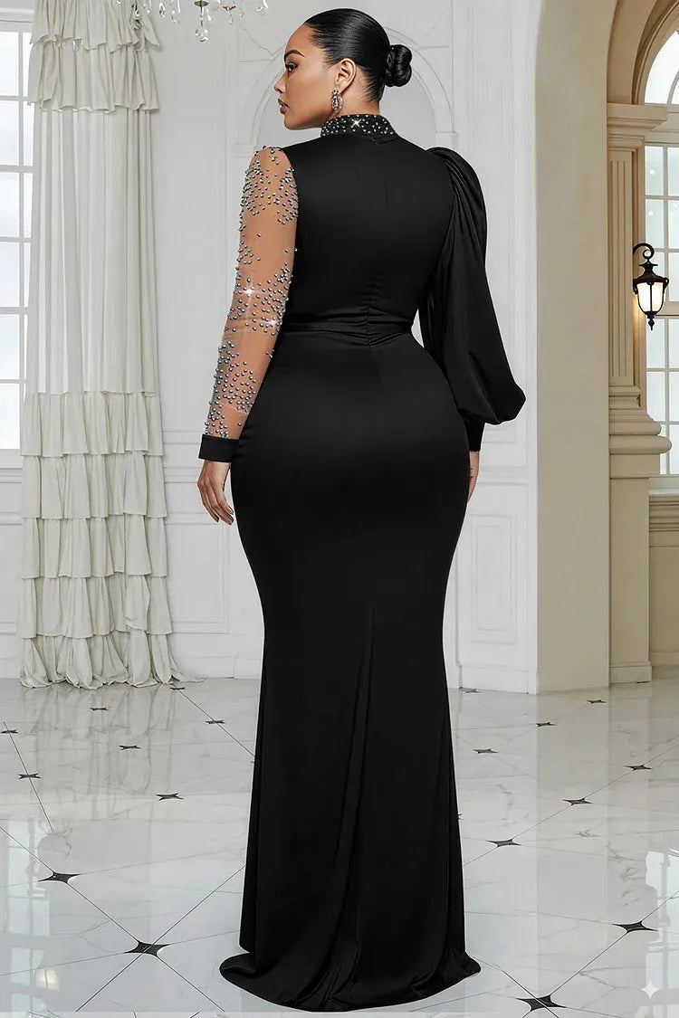 Xpluswear Design Plus Size Formal Blue Mock Neck Lantern Sleeve Long Sleeve Drilling Elegant See Through Tulle Satin Maxi Dresses