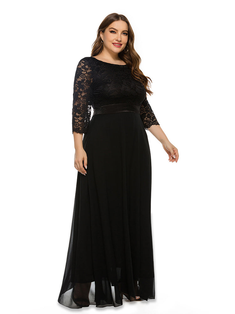 Solid Lace Mesh Patchwork Round Neck Bridesmaid Dress