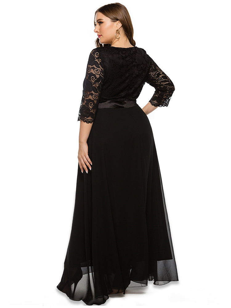 Solid Lace Mesh Patchwork Round Neck Bridesmaid Dress