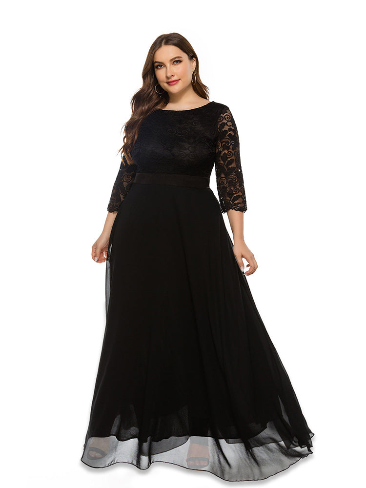 Solid Lace Mesh Patchwork Round Neck Bridesmaid Dress