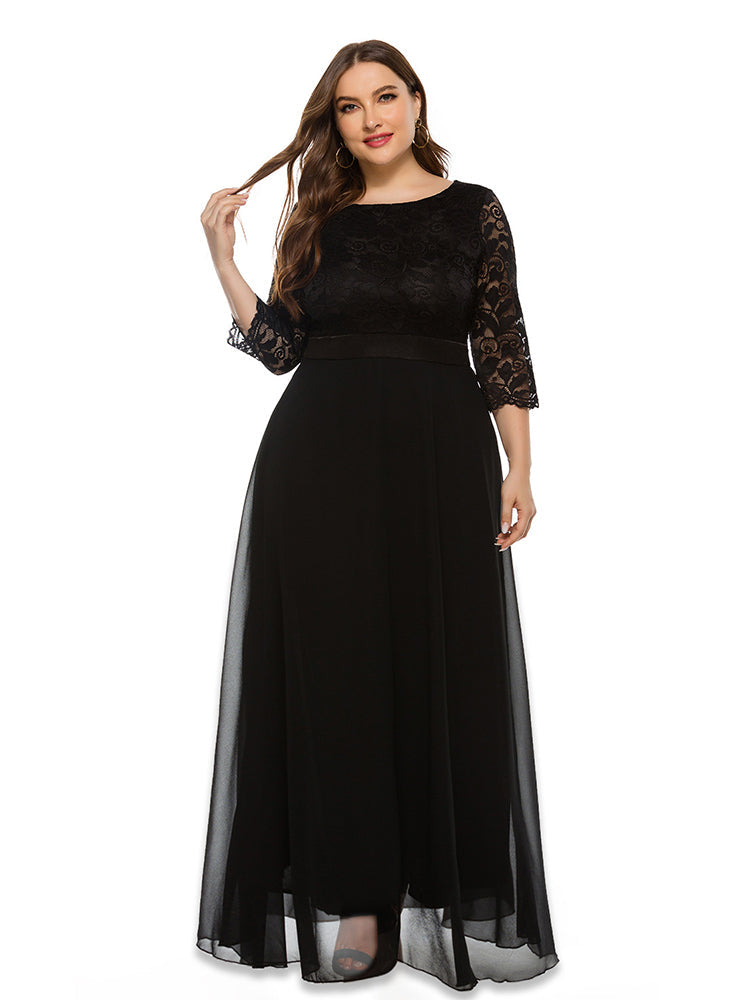Solid Lace Mesh Patchwork Round Neck Bridesmaid Dress