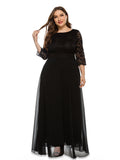 Solid Lace Mesh Patchwork Round Neck Bridesmaid Dress
