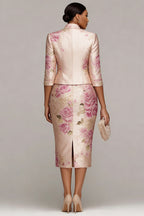 Xpluswear Design Plus Size Mother Of The Bride Pink Floral Half Sleeve Bodycon Satin Two Piece Dress Set