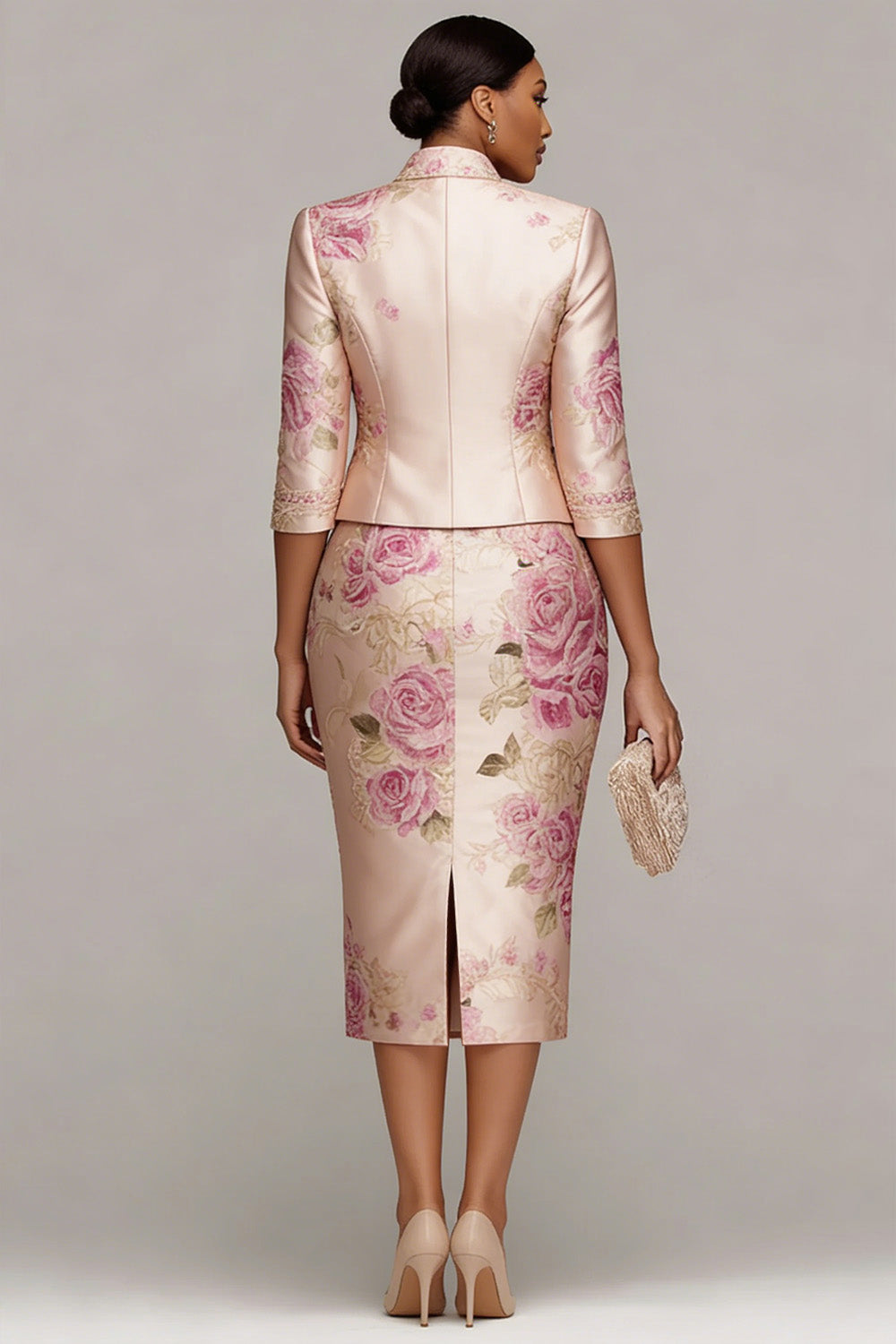 Xpluswear Design Plus Size Mother Of The Bride Pink Floral Half Sleeve Bodycon Satin Two Piece Dress Set
