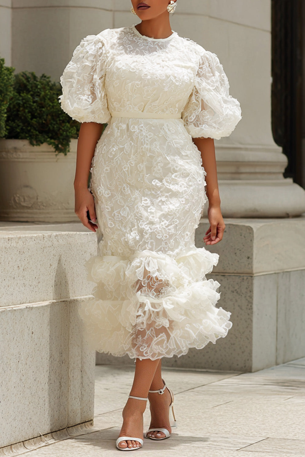 Xpluswear Design Plus Size Cocktail Party White Round Neck Puff Sleeve Short Sleeve Ruffle Bodycon Lace Midi Dresses