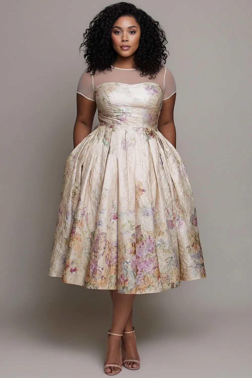 Xpluswear Design Plus Size Wedding Guest Multicolor Floral Round Neck Cap Sleeve Short Sleeve Pocket Midi Dresses