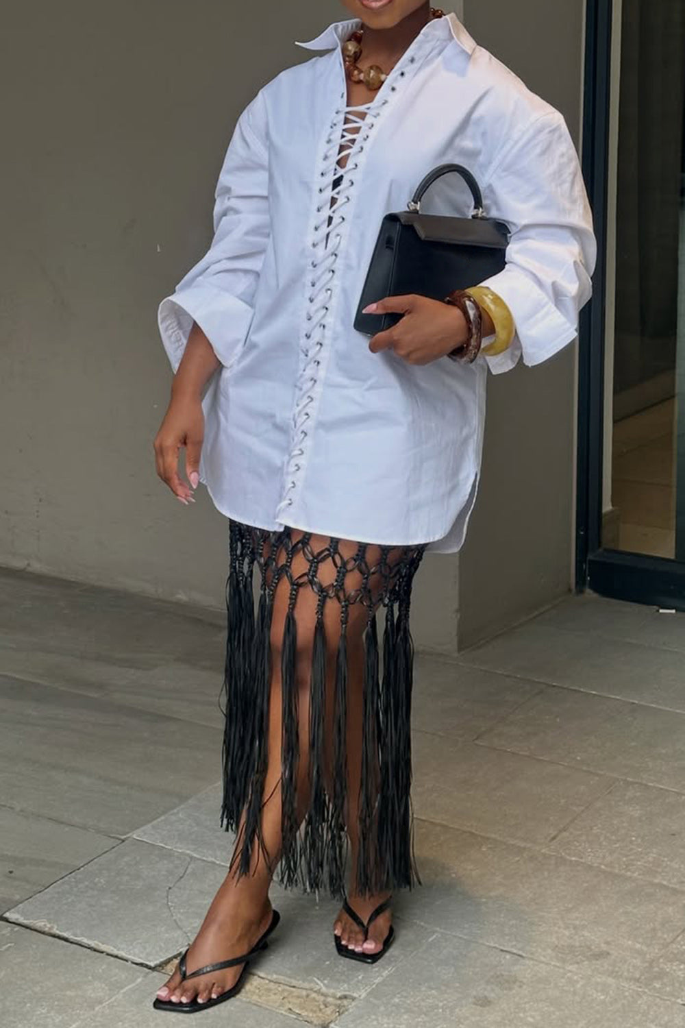 Plus Size Business Casual White Shirt Collar Long Sleeve Lace Up Blouses