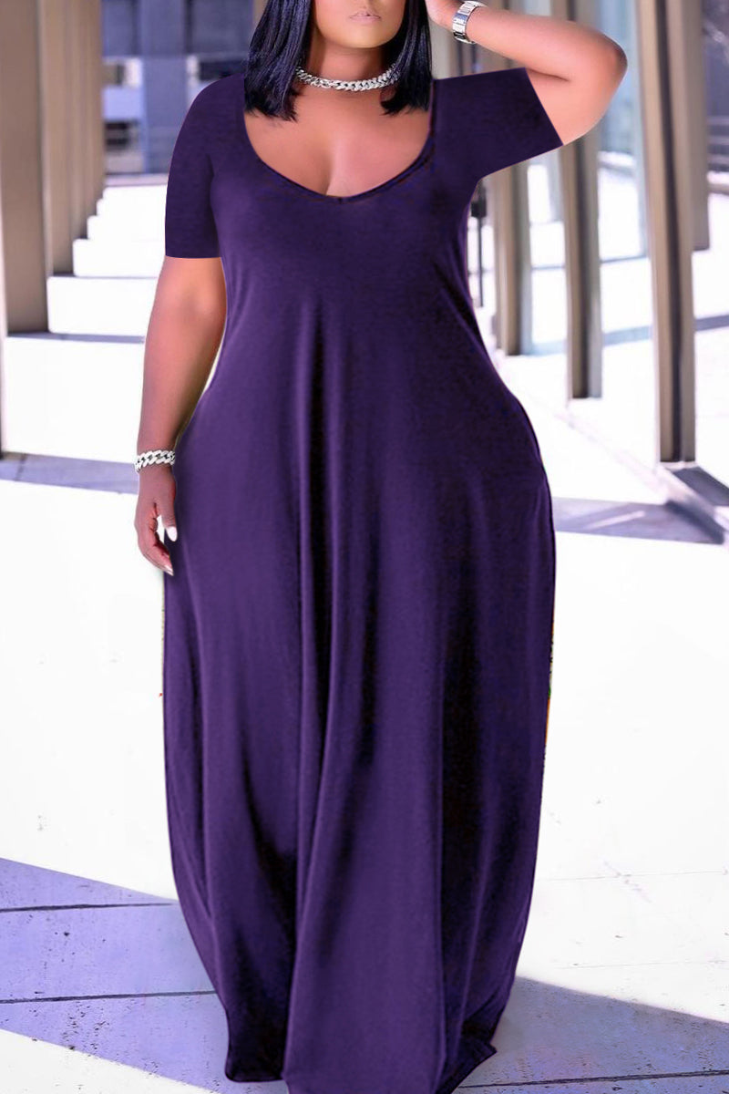 Xpluswear Plus Size Casual Burgundy Short Sleeves Solid Cocoon Summer Sun Maxi Dress