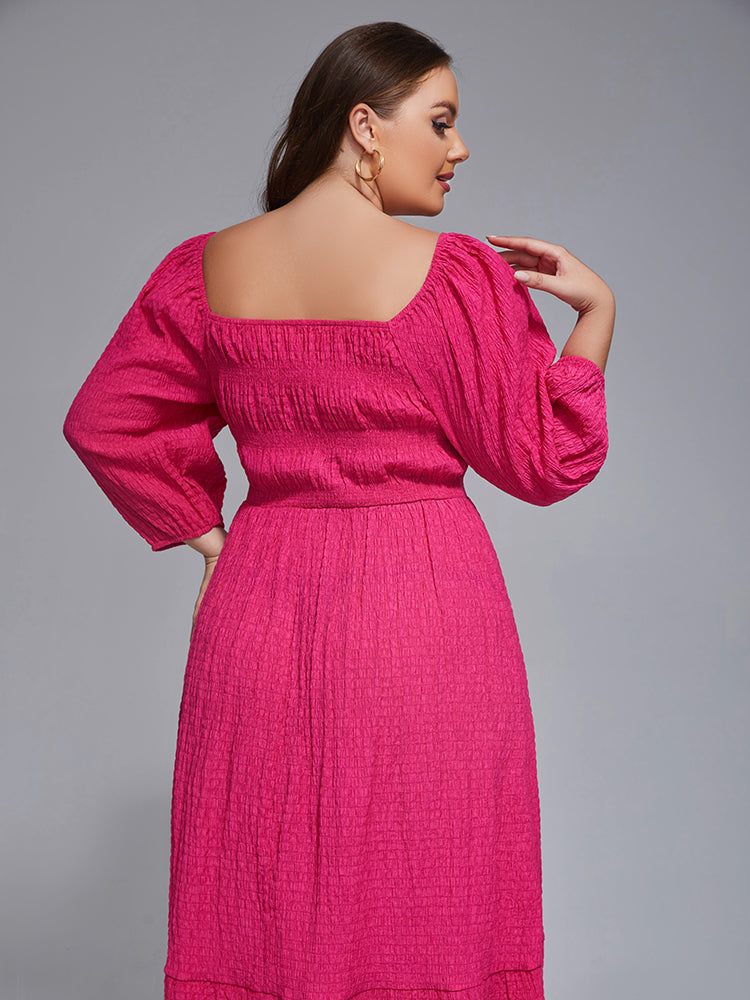 Plus Square Neck Puff Sleeves Shirred Midi Dress
