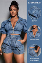 Xpluswear Design Plus Size Party Light Blue Shirt Collar Short Sleeve Pocket Crop Denim Two Piece Short Sets