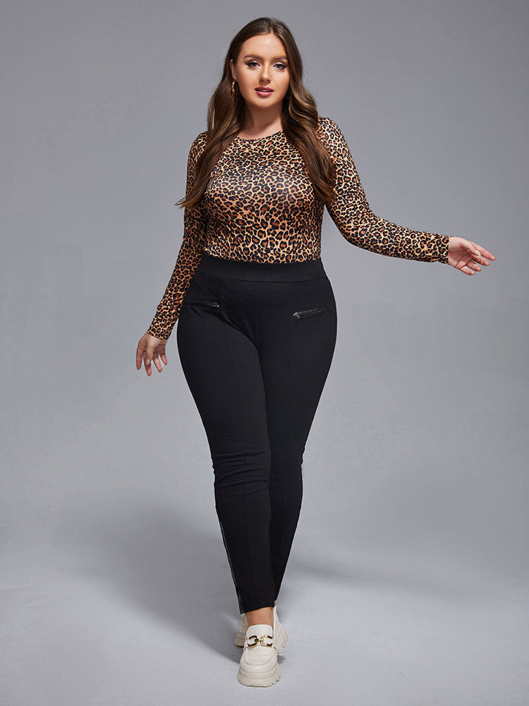 VIP Plus Leopard Print Round Neck Long Sleeve Blouses