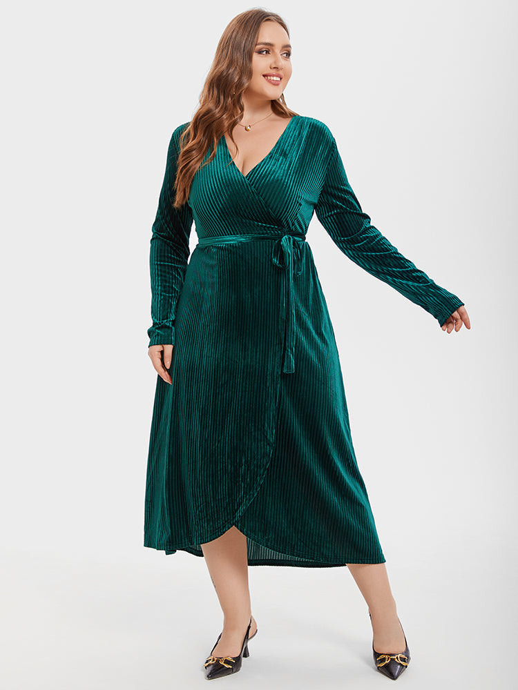 V-Neck Tie Side Wrap Velvet Midi Dress
