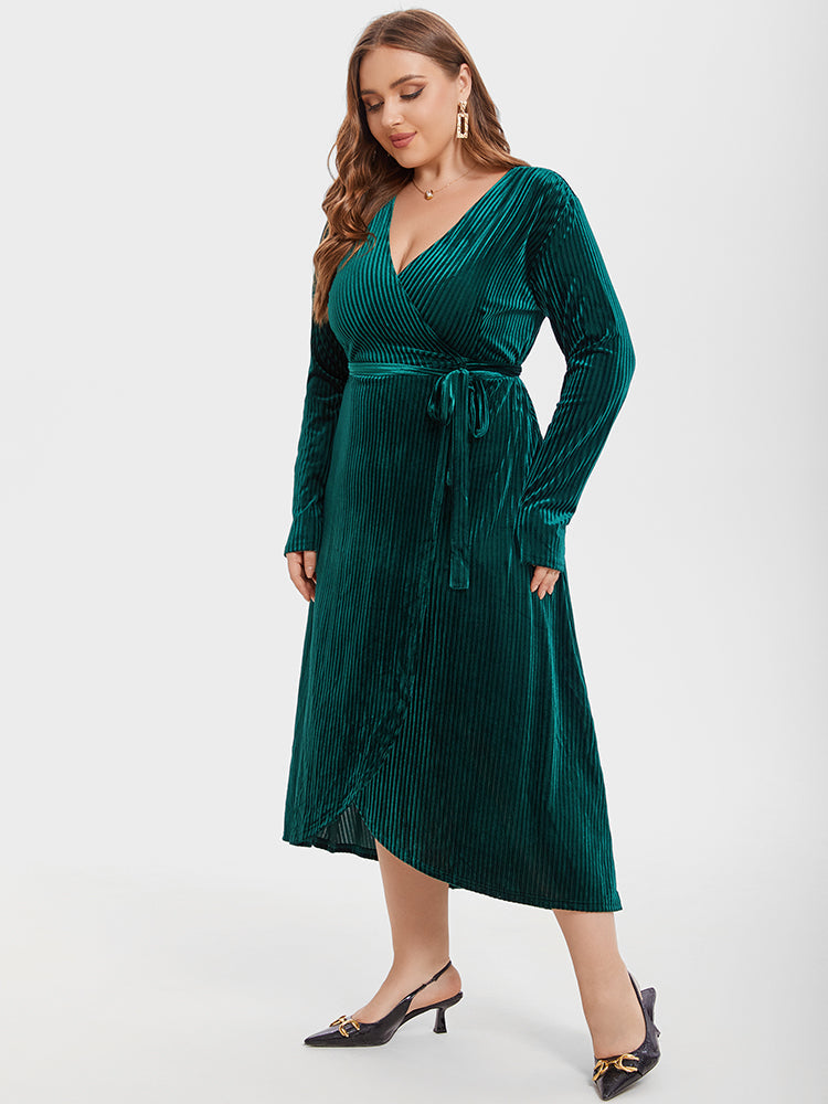 V-Neck Tie Side Wrap Velvet Midi Dress