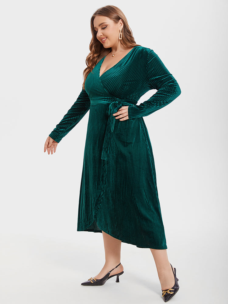 V-Neck Tie Side Wrap Velvet Midi Dress