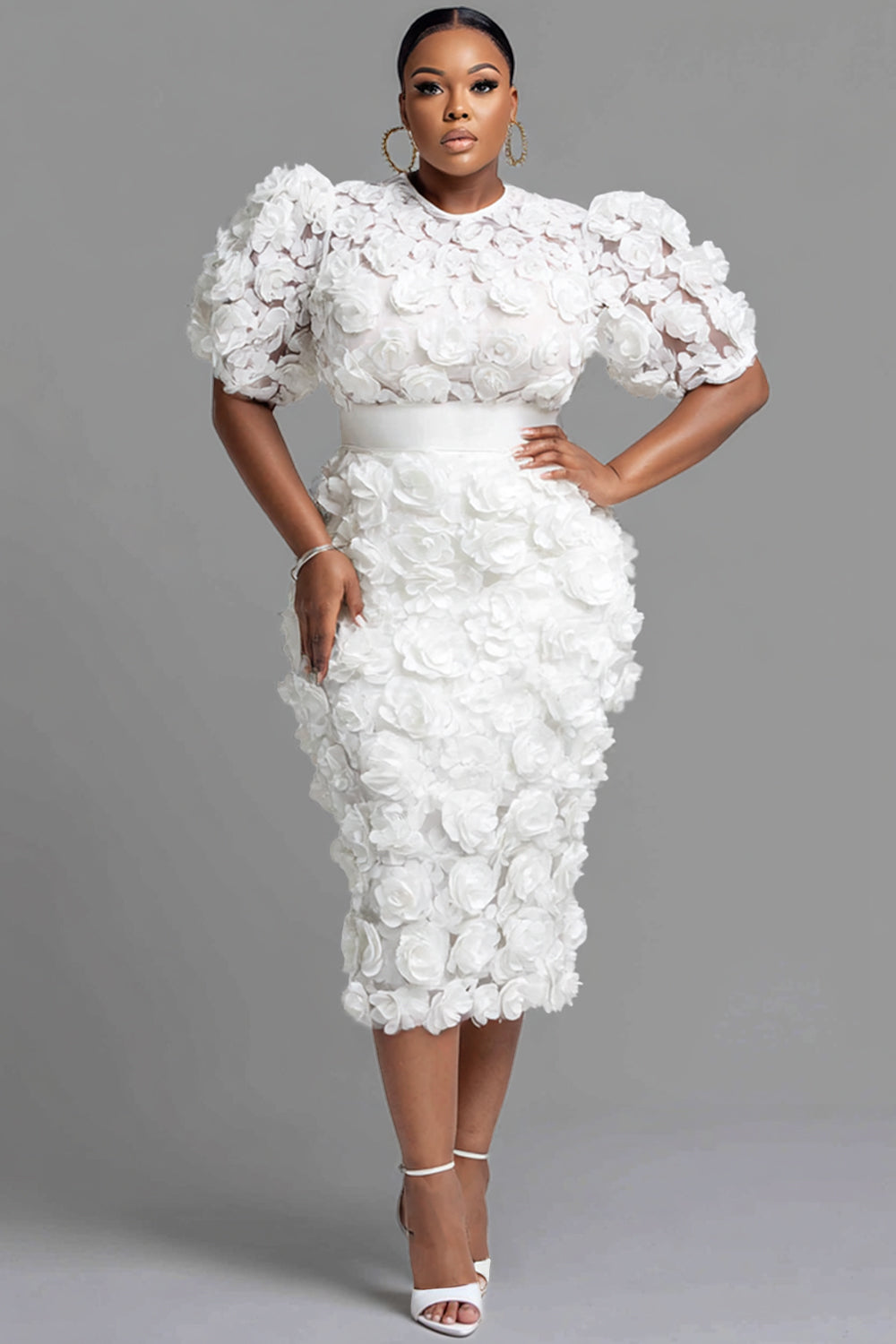 Xpluswear Design Plus Size Cocktail Party White Round Neck Short Sleeve 3D Bodycon Two Piece Skirt Sets
