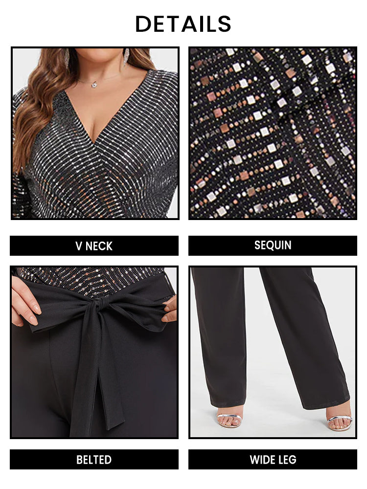 V-Neck Contrast Belted Sequin Jumpsuit
