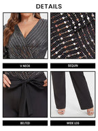V-Neck Contrast Belted Sequin Jumpsuit