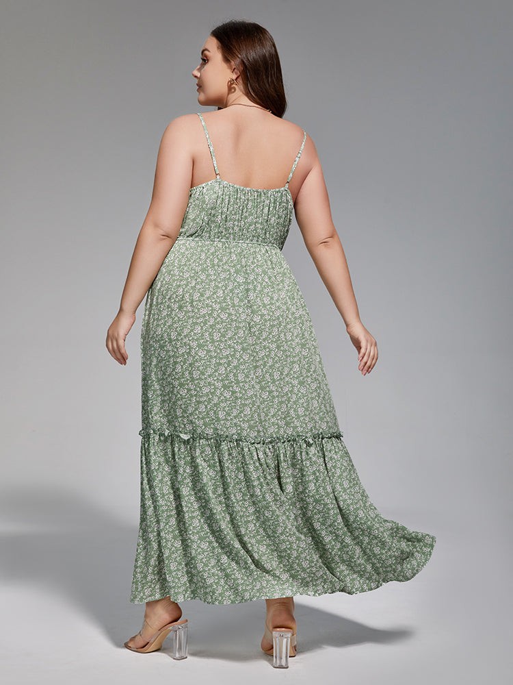Plus Floral Spaghetti Strap Frill Trim Maxi Dress