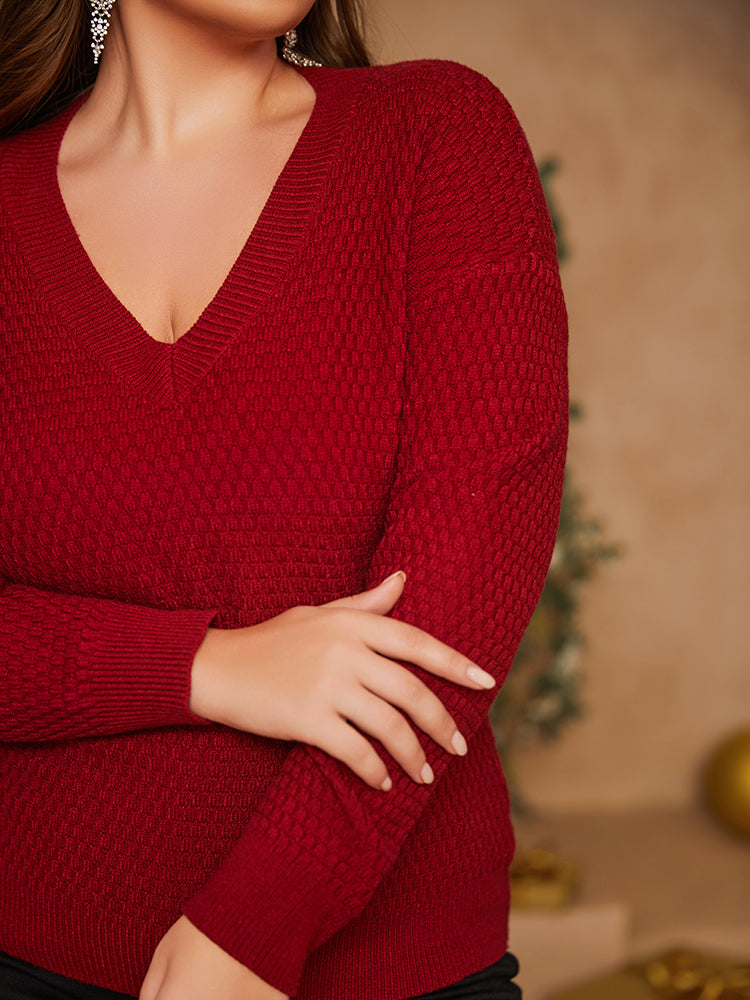 VIP Plus Wine Red V-Neck Pointelle Knit Sweater