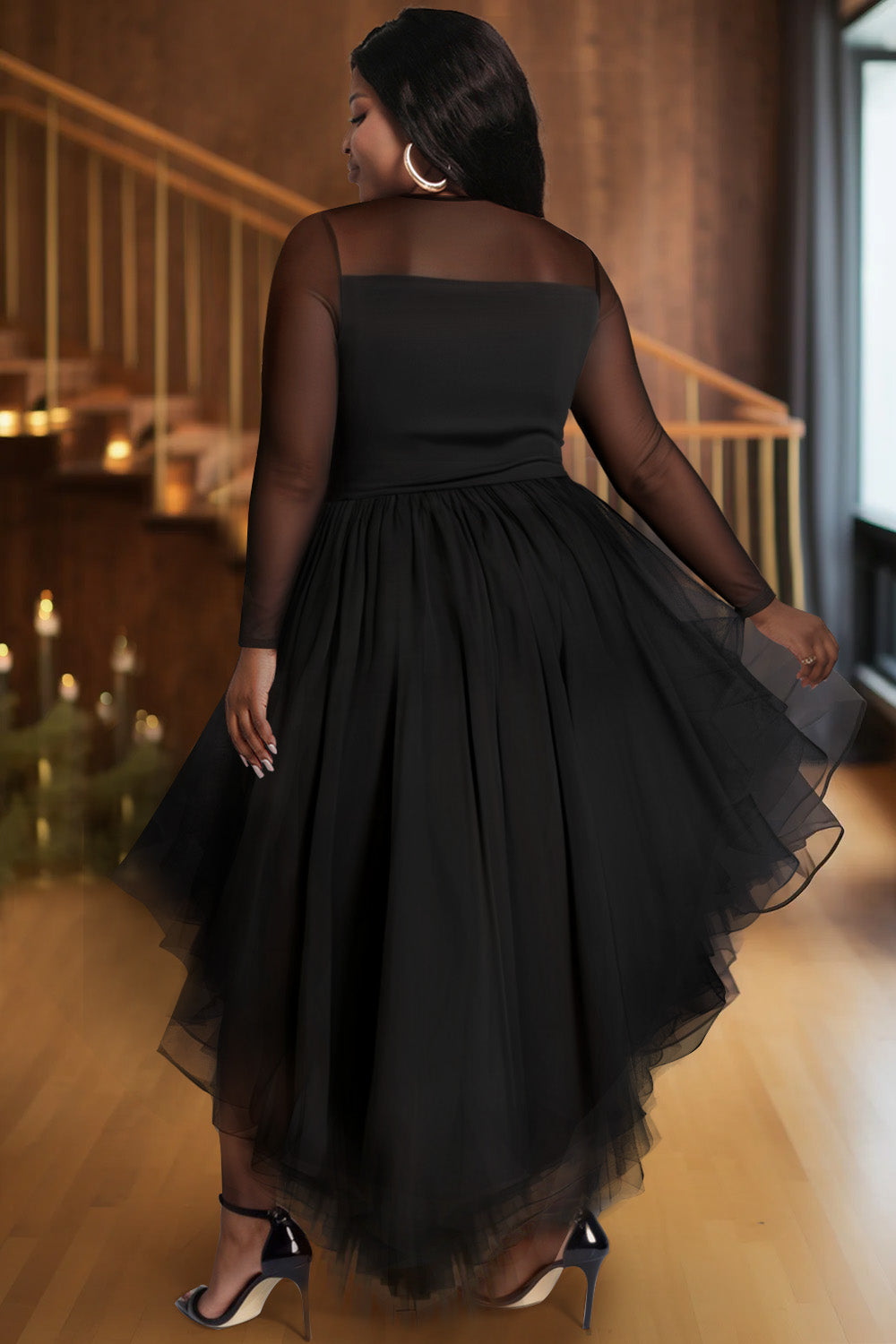 Xpluswear Design Plus Size Cocktail Party Red V Neck Long Sleeve High Low Hem Ruffle Tulle Mini Dresses