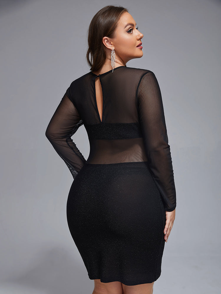 VIP Plus Mesh Patchwork Glitter Bodycon Dress