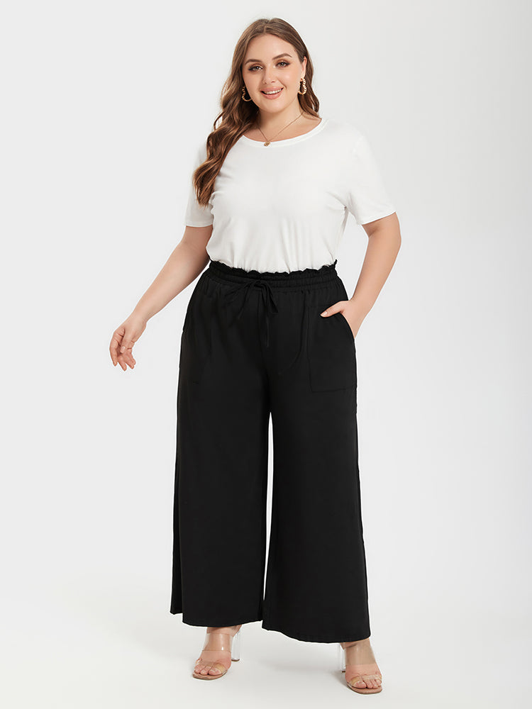VIP Plus Plain Paperbag Waist Kont Front Pocket Wide Leg Pants