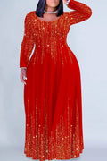 Xpluswear Design Plus Size Christmas Red Gradient Round Neck Long Sleeve Maxi Dresses