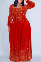Xpluswear Design Plus Size Christmas Red Gradient Round Neck Long Sleeve Maxi Dresses
