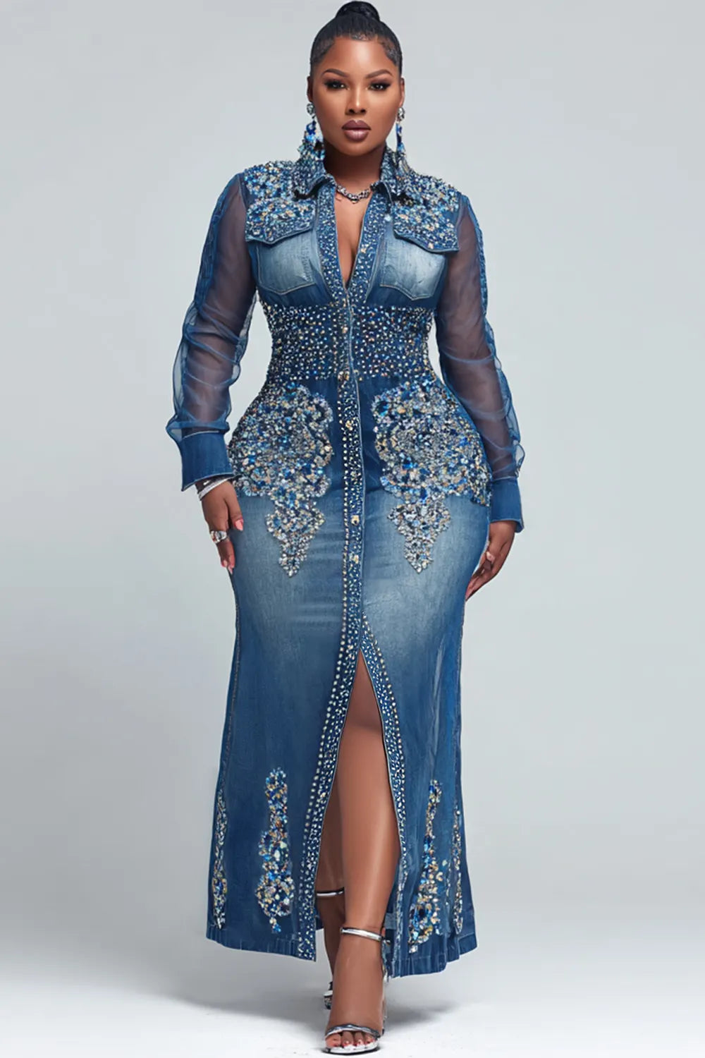 Xpluswear Design Plus Size Party Blue All Over Print Shirt Collar Long Sleeve Button Casual See Through Maxi Dresses