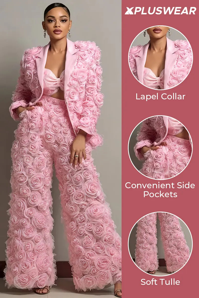 Xpluswear Design Plus Size Formal Pink Lapel Collar Long Sleeve 3D Pocket Tulle Two Piece Pant Suits