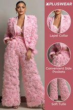 Xpluswear Design Plus Size Formal Pink Lapel Collar Long Sleeve 3D Pocket Tulle Two Piece Pant Suits