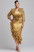 Xpluswear Design Plus Size Churchs Gold 3/4 Sleeve Ruffle Elegant 3D Two Piece Dress Set