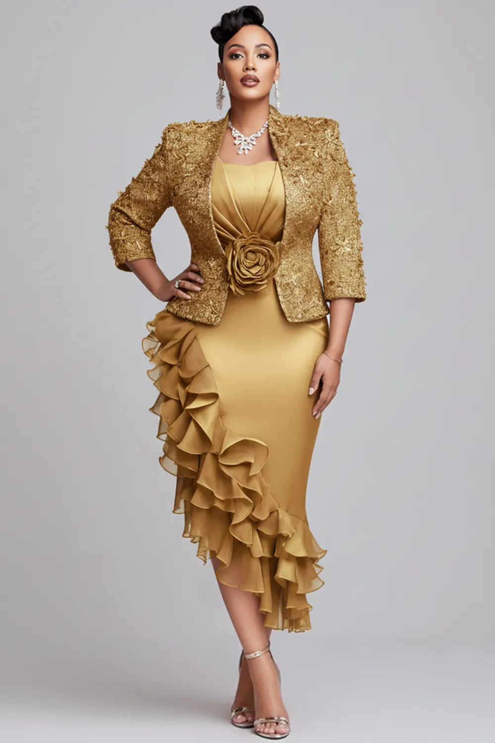 Xpluswear Design Plus Size Churchs Gold 3/4 Sleeve Ruffle Elegant 3D Two Piece Dress Set