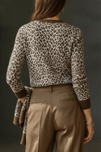 Plus Size Business Casual Khaki Leopard V Neck Long Sleeve Casual Crochet Sweaters