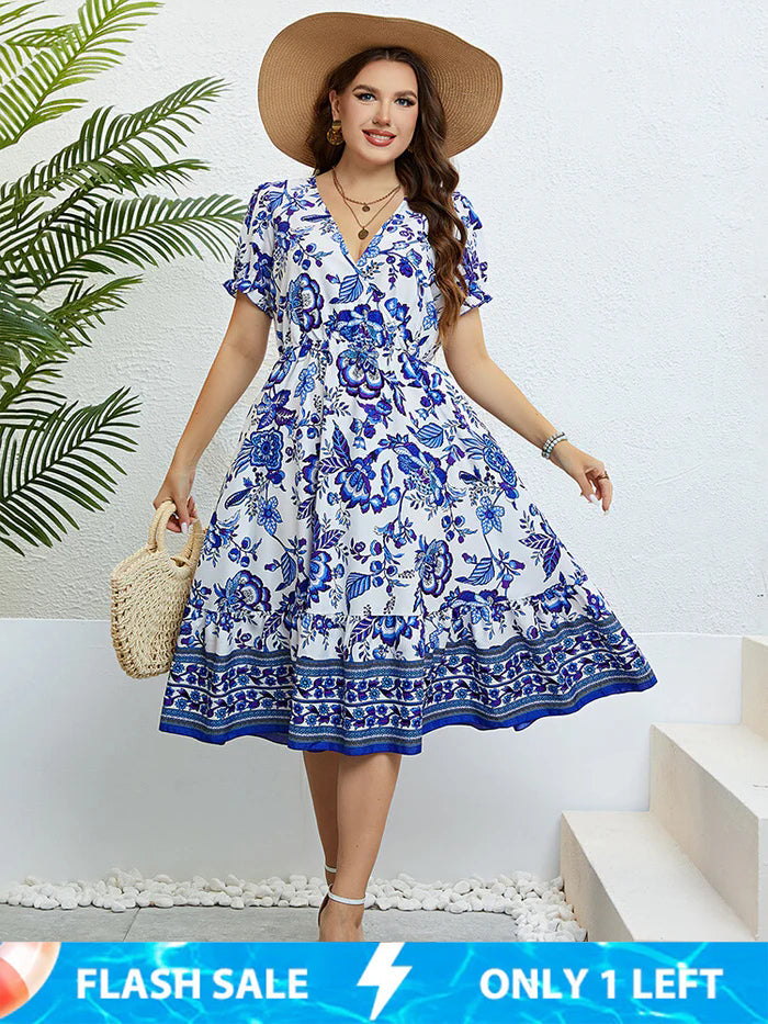 Plus Blue Floral Puff Sleeve Ruffle Hem Elastic Waist Midi Dress