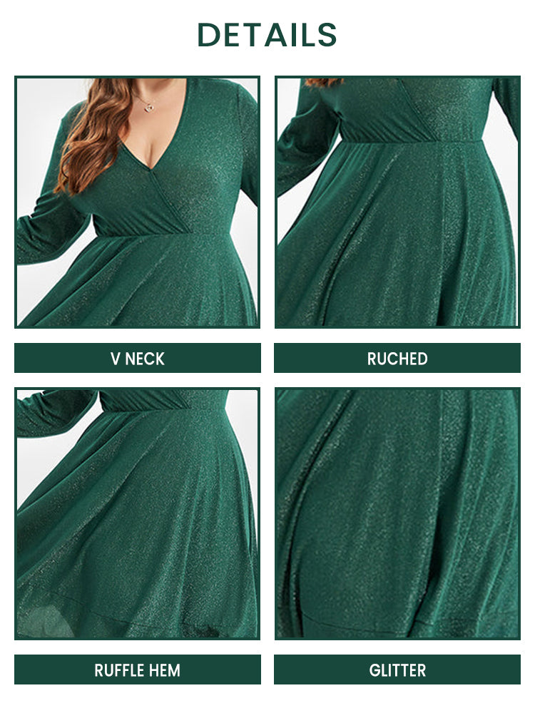 V-Neck Ruffle Hem Glitter Party Midi Dress