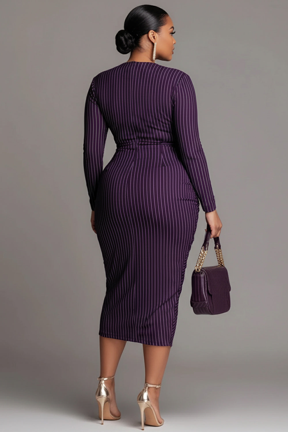 Xpluswear Design Plus Size Business Casual Purple Striped Wrap Neck Long Sleeve Ruffled Elegant Midi Dresses