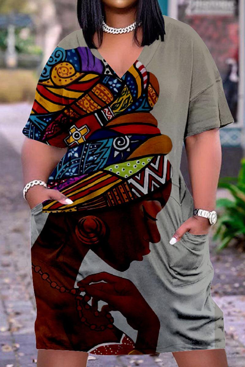 Xpluswear Plus Size V Neck African Short Sleeve Cute Black Girl Print With Pockets Midi Dress-Red