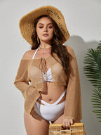 Plus Beige Tie Front Crochet Cover Up